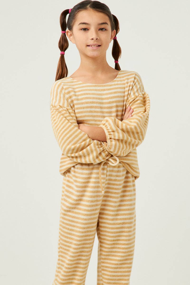 Girls Brushed Stripe Puff Sleeve Knit Top : Olive