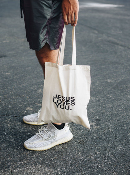 Jesus Loves You Premium Canvas Tote Bag: Tan