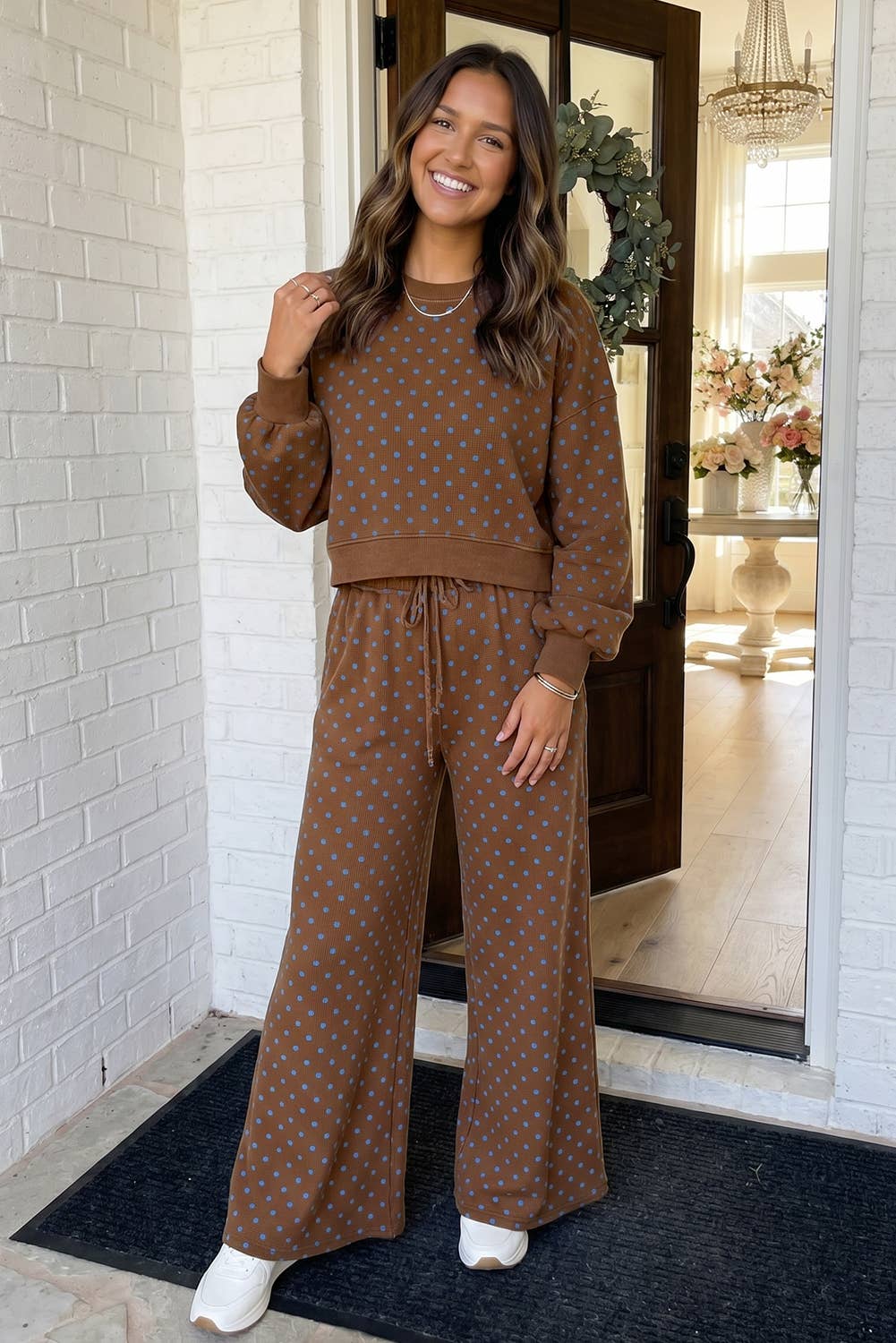 LAS Polka Dot Casual Shift Drawstring Pants Brown
