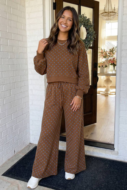 LAS Polka Dot Casual Shift Drawstring Pants Brown