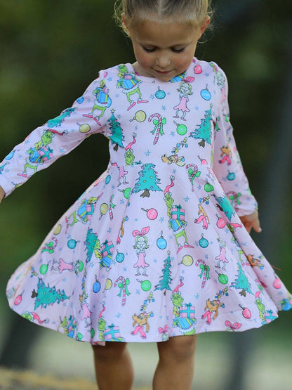 Pink Christmas Character Print Long Sleeve Girls Dress: 5