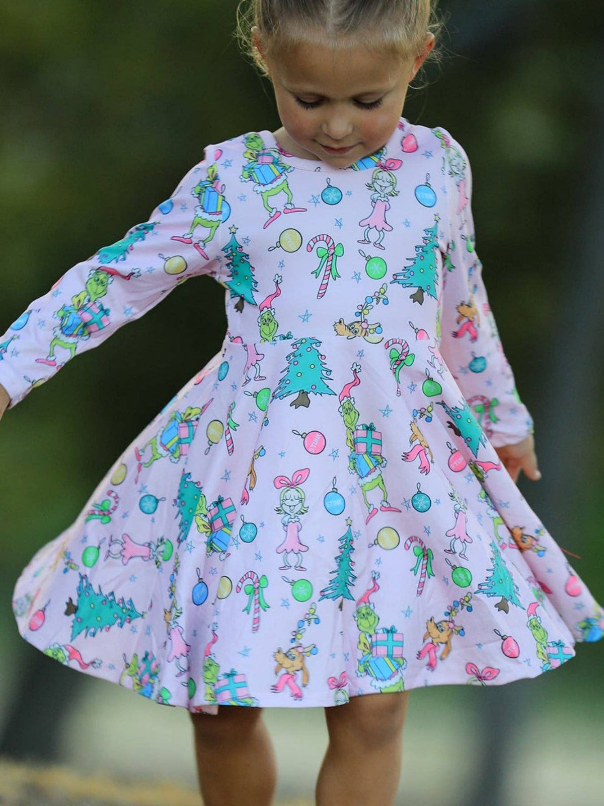 Pink Christmas Character Print Long Sleeve Girls Dress: 6