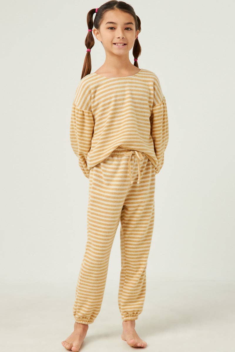 Girls Brushed Stripe Puff Sleeve Knit Top : Olive