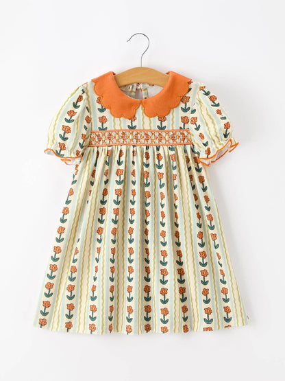 Fall Floral Stripe Girls Dress Petals Collar Smocked Puff Sleeve