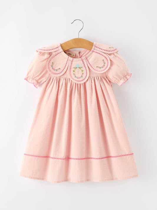 Fall Baby Girl Pink Floral Embroidered Peter Pan Collar Dress: 3