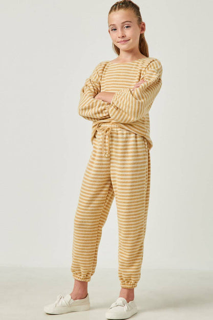 Girls Drawstring Waist Brushed Striped Jogger:Olive