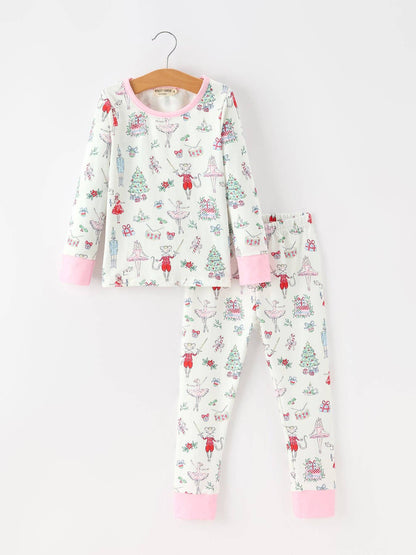 Christmas Girls Ballet Holiday Print Long Sleeves Pajama Set