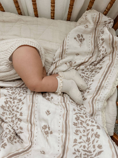 Lettie Floral QUILTED 6 Layer Gauze Blanket: Lace