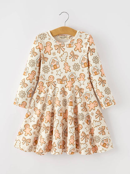 Christmas Gingerbread Cookie Girls Long Sleeve Twirl Dress