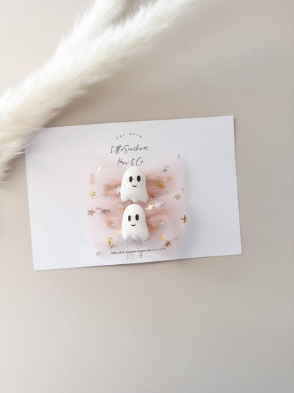Pink & White Ghost Halloween Hair Clips- Set of 2 : White Set