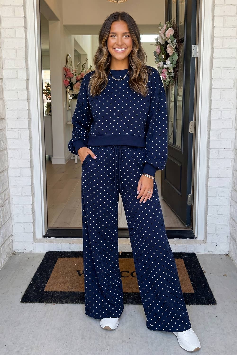 LAS Polka Dot Casual Shift Drawstring Pants Brown