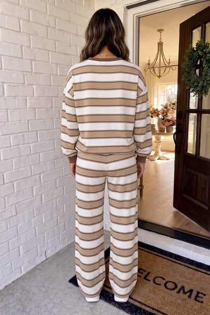 LAS Striped Patchwork Crew Neck Set Khaki Stripe