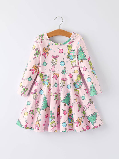 Pink Christmas Character Print Long Sleeve Girls Dress: 8/9