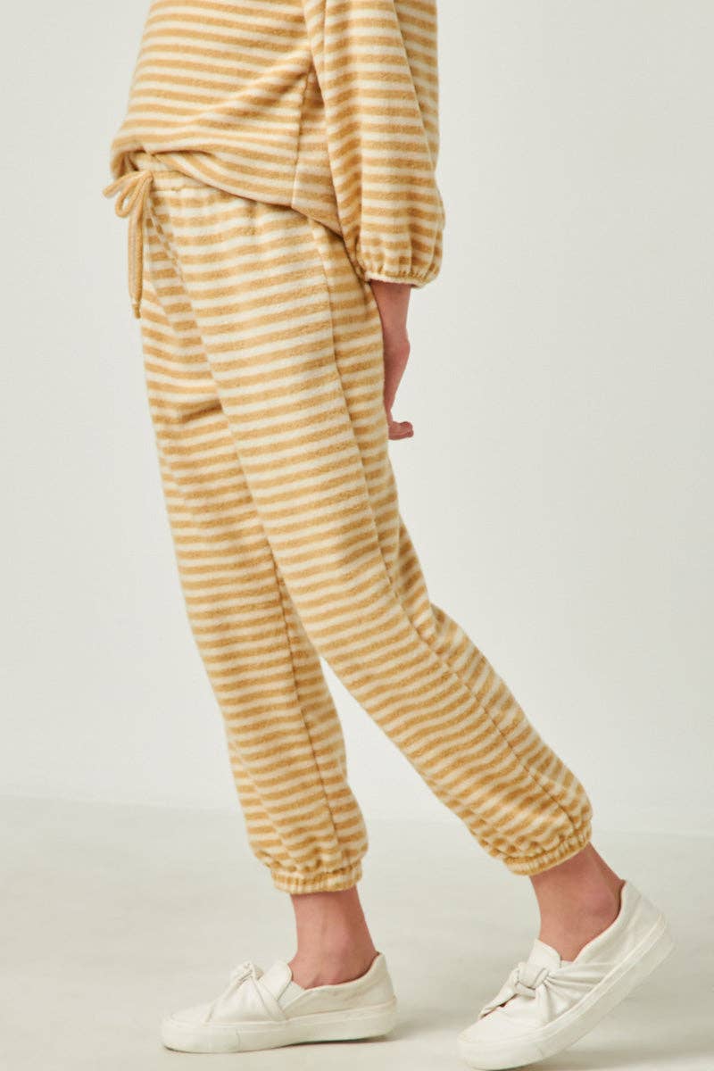 Girls Drawstring Waist Brushed Striped Jogger:Olive