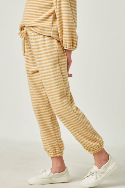 Girls Drawstring Waist Brushed Striped Jogger:Olive