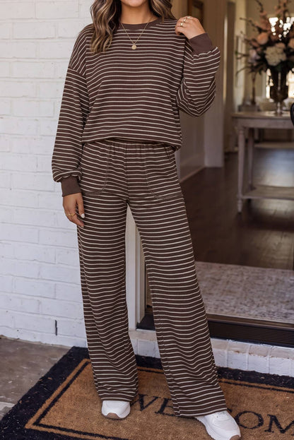 LAS Cozy Striped Crew Neck Pocketed Pants Set Brown Stripe
