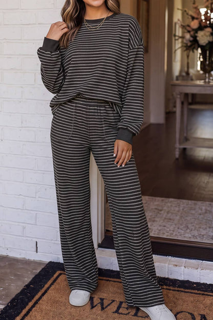 LAS Cozy Striped Crew Neck Pocketed Pants Set Brown Stripe