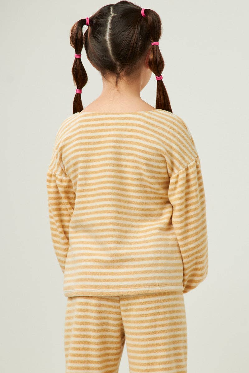 Girls Brushed Stripe Puff Sleeve Knit Top : Olive