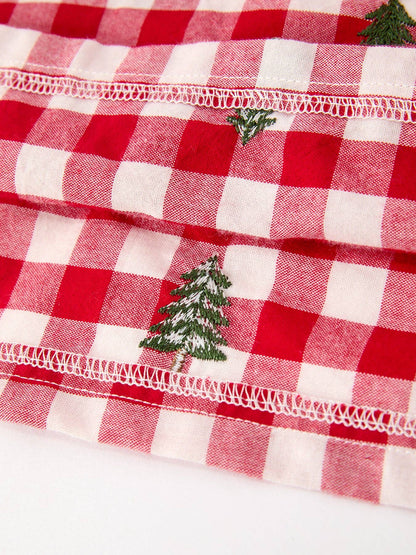 Christmas Tree Embroidered Plaid Girls Ruffle Collar Dress: 4