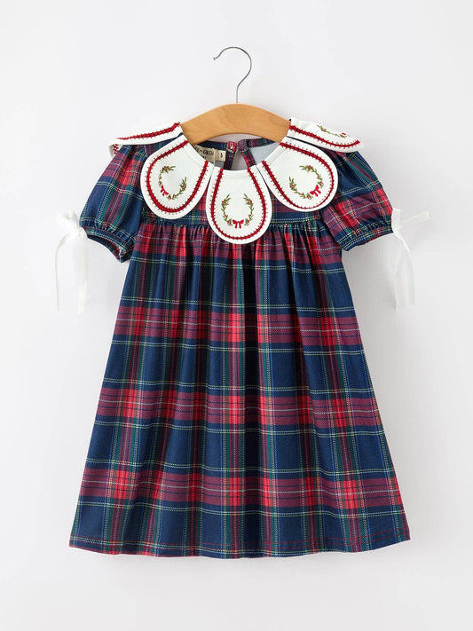 Navy Red Christmas Plaid Wreath Embroidered Girl Dress: 6