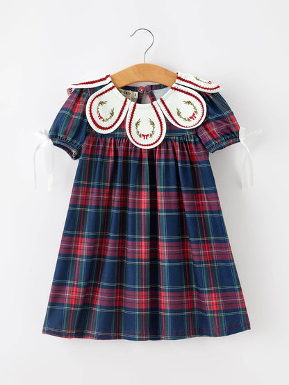 Navy Red Christmas Plaid Wreath Embroidered Girl Dress: 2