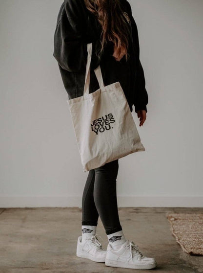 Jesus Loves You Premium Canvas Tote Bag: Tan