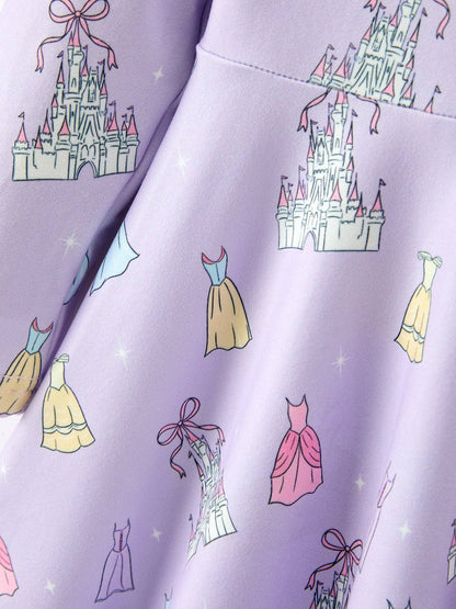 Girls Lavender Castle and Dress Print Long Sleeve Twirl Dress