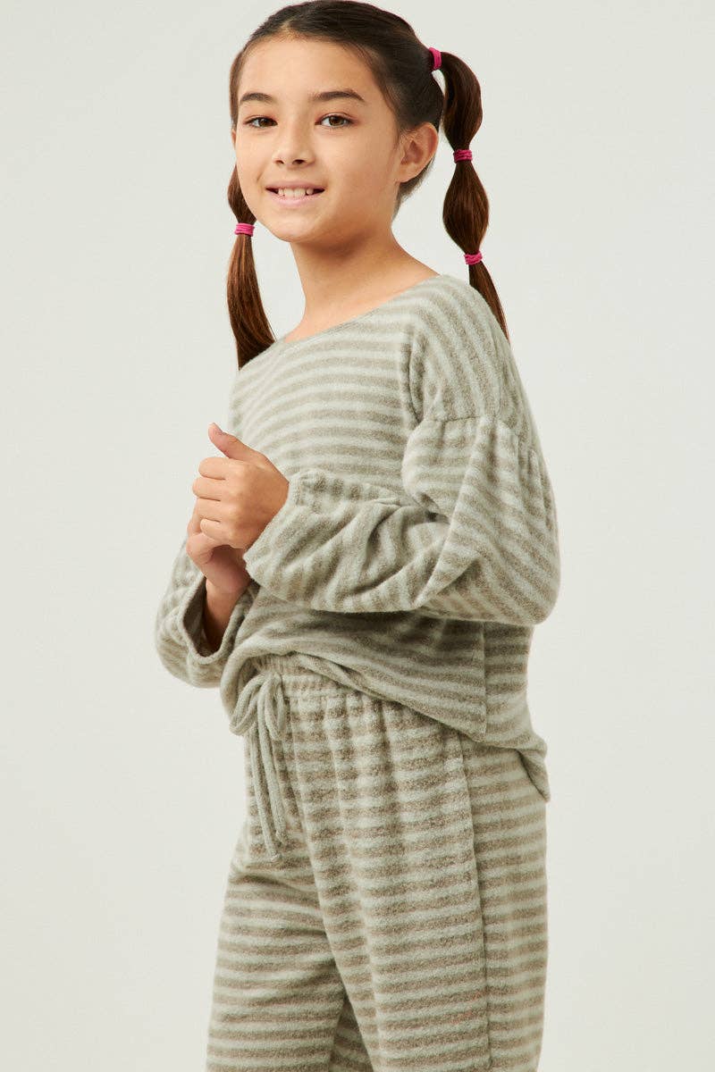 Girls Brushed Stripe Puff Sleeve Knit Top : Olive