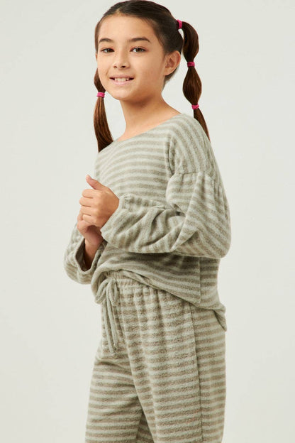 Girls Brushed Stripe Puff Sleeve Knit Top : Olive