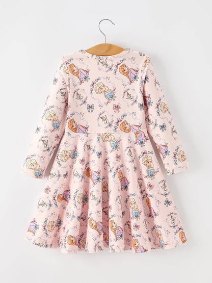 Girls Pink Bow Print Long Sleeve Twirl Dress