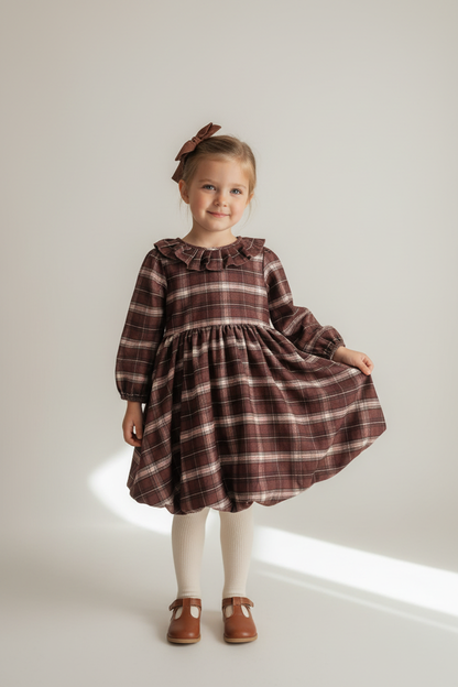 Long Sleeve Bubble Skirt Dress - Brown Plaid