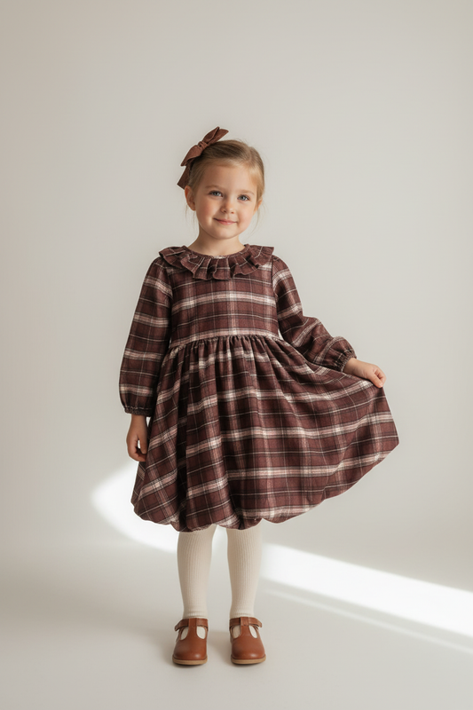 Long Sleeve Bubble Skirt Dress - Brown Plaid