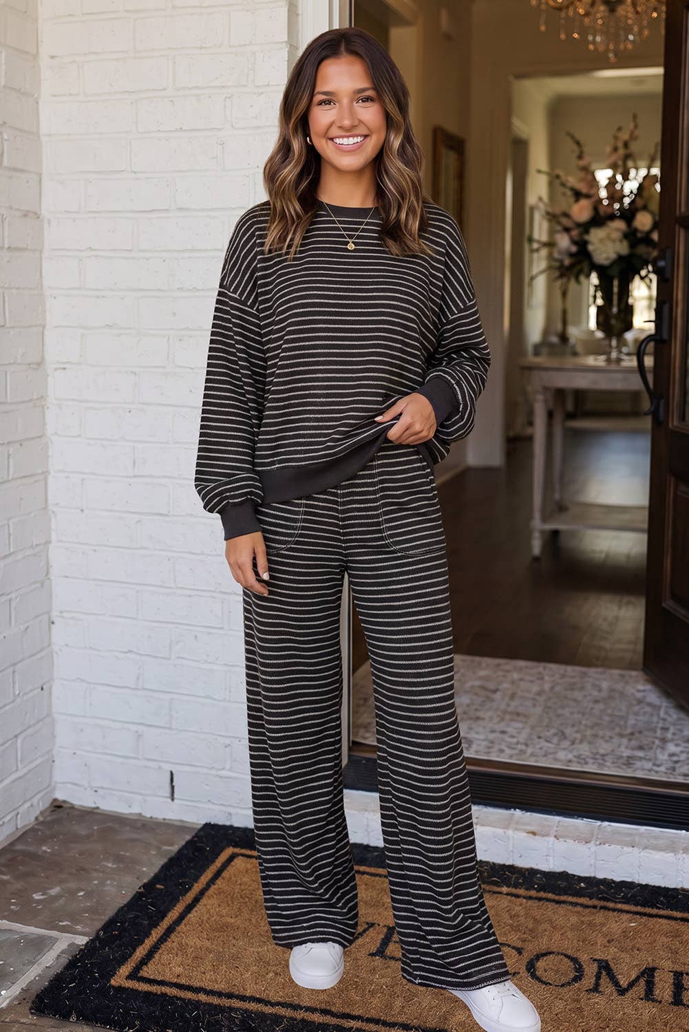 LAS Cozy Striped Crew Neck Pocketed Pants Set Brown Stripe