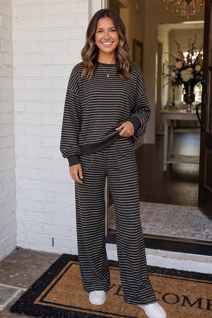 LAS Cozy Striped Crew Neck Pocketed Pants Set Brown Stripe