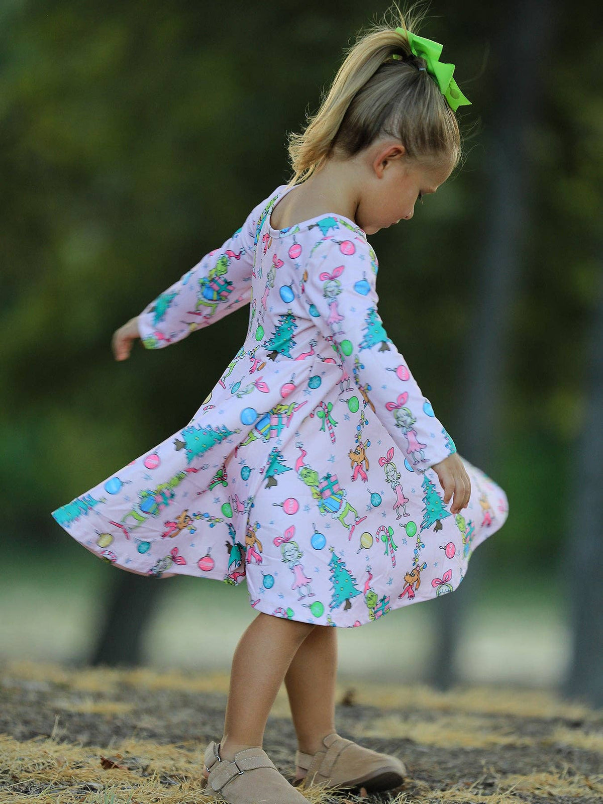Pink Christmas Character Print Long Sleeve Girls Dress: 8/9