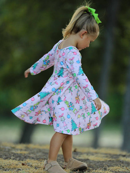 Pink Christmas Character Print Long Sleeve Girls Dress: 5