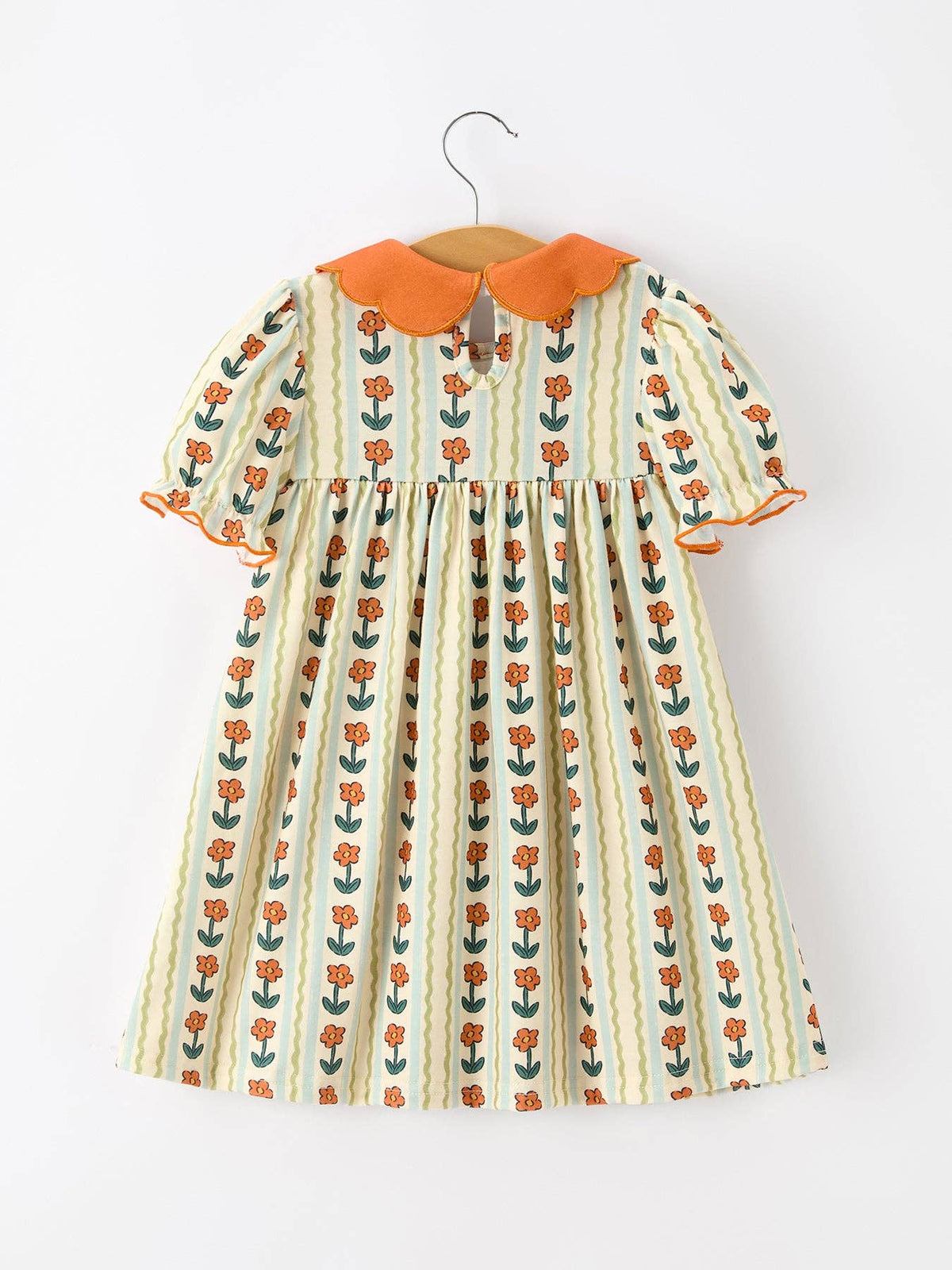 Fall Floral Stripe Girls Dress Petals Collar Smocked Puff Sleeve