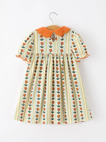 Fall Floral Stripe Girls Dress Petals Collar Smocked Puff Sleeve