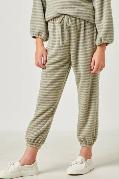 Girls Drawstring Waist Brushed Striped Jogger:Olive