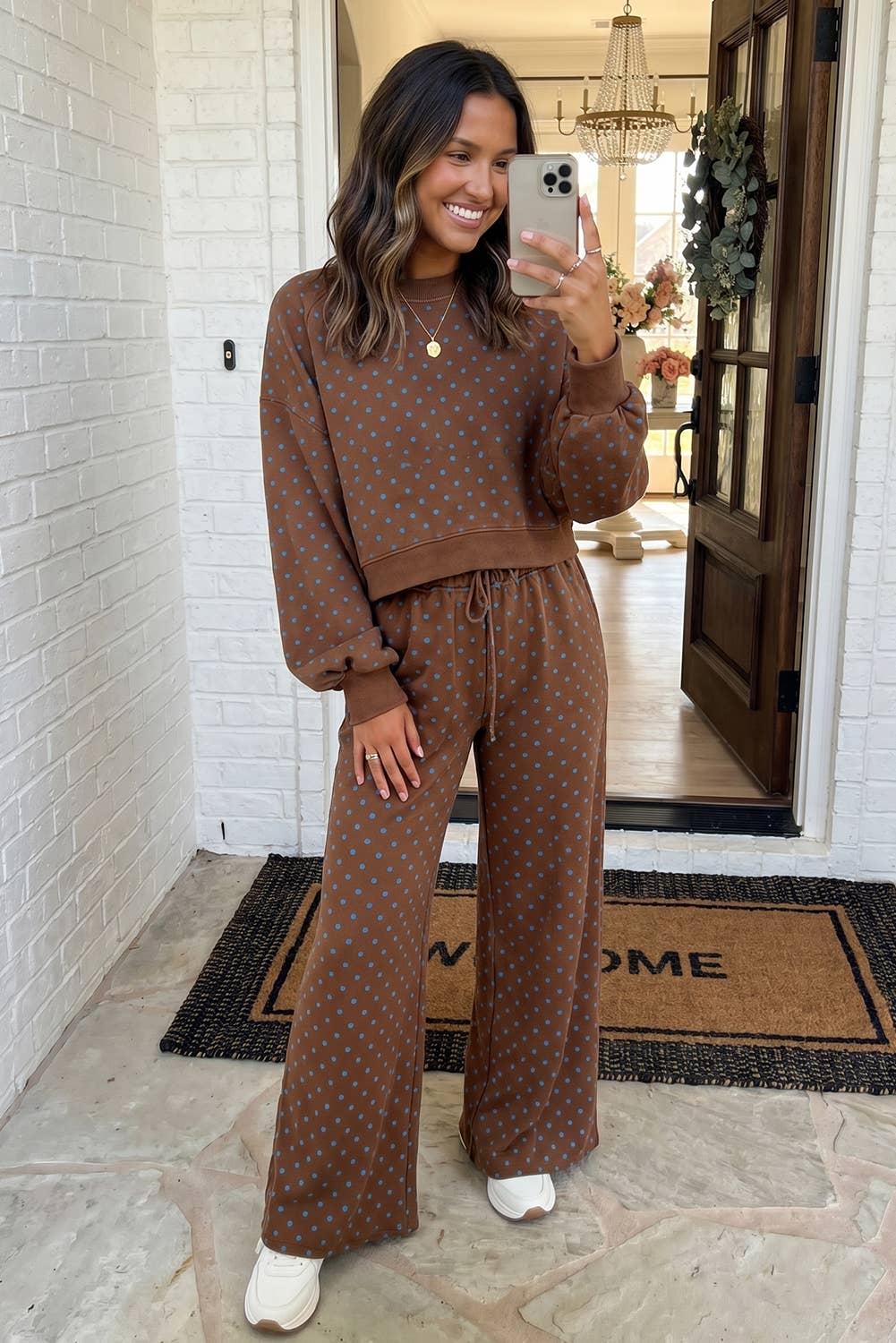 LAS Polka Dot Casual Shift Drawstring Pants Brown