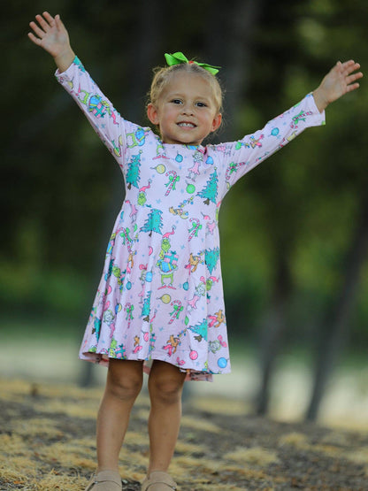 Pink Christmas Character Print Long Sleeve Girls Dress: 4