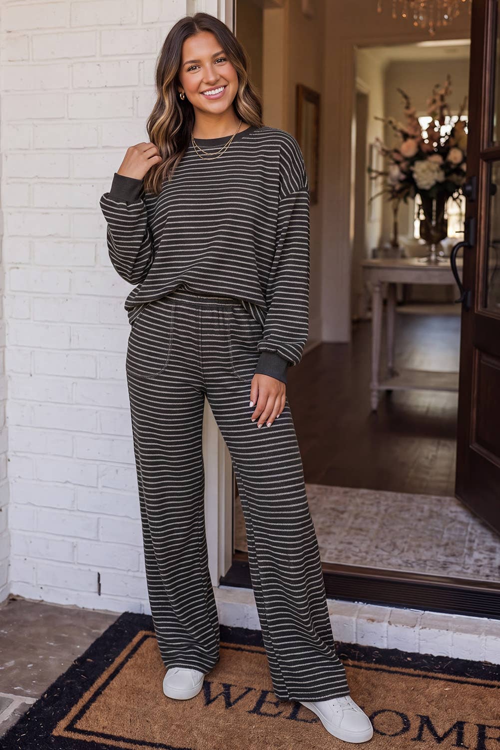 LAS Cozy Striped Crew Neck Pocketed Pants Set Brown Stripe