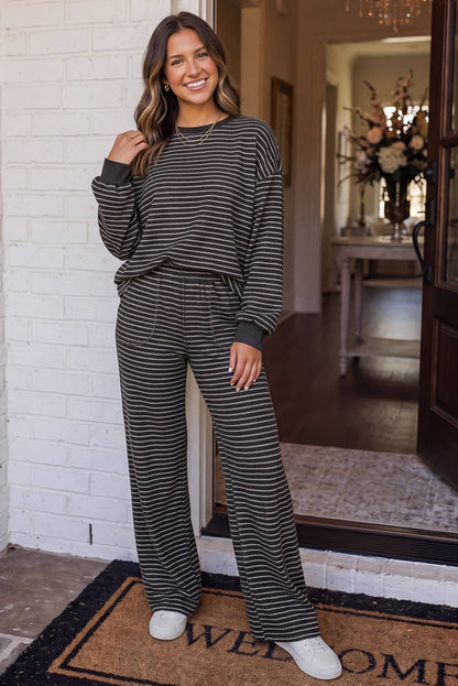 LAS Cozy Striped Crew Neck Pocketed Pants Set Brown Stripe