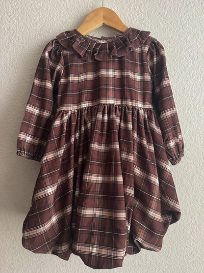 Long Sleeve Bubble Skirt Dress - Brown Plaid