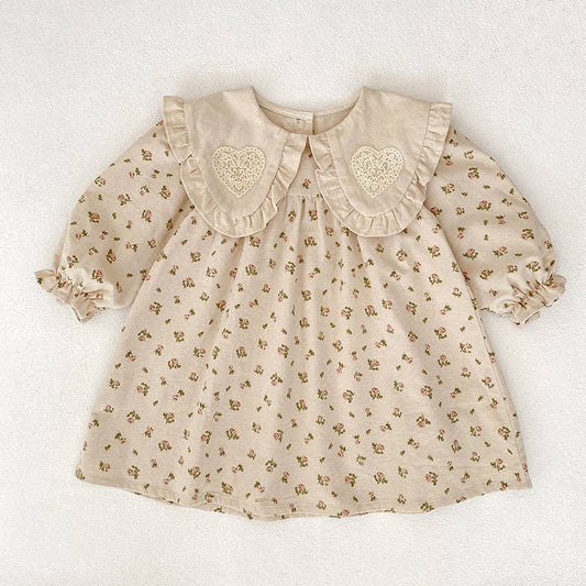 Baby Girl Long Sleeve Apricot Floral Dress with Heart Collar: