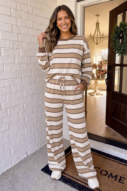LAS Striped Patchwork Crew Neck Set Khaki Stripe
