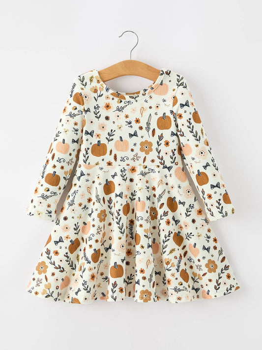 Fall Harvest Pumpkin Girls Dress Long Sleeve: 7