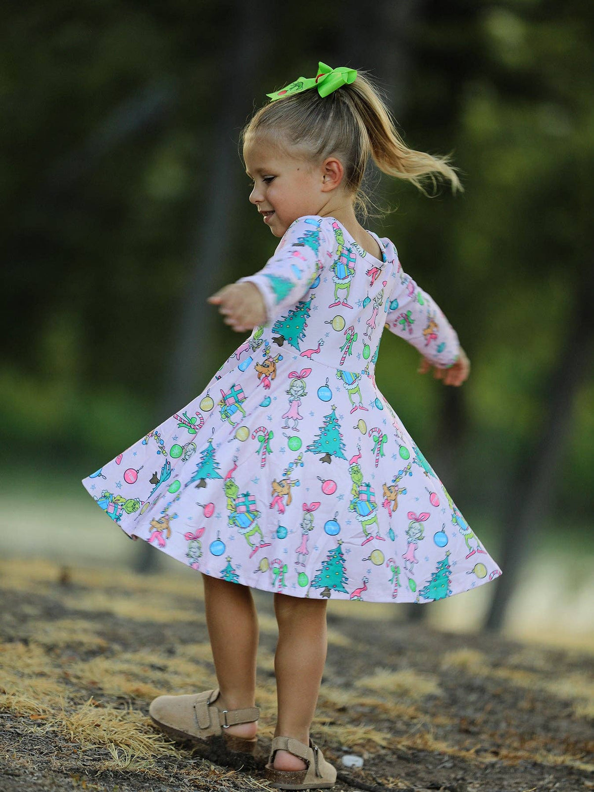 Pink Christmas Character Print Long Sleeve Girls Dress: 6