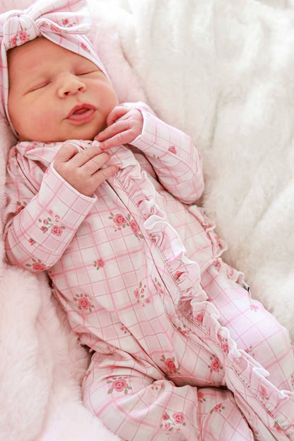 Ruffle Zipper Bamboo Footie | Primrose Plaid