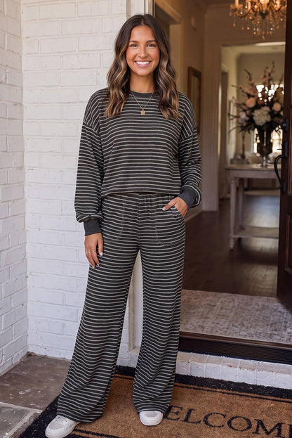 LAS Cozy Striped Crew Neck Pocketed Pants Set Brown Stripe